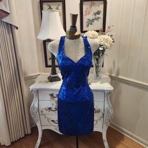 Vintage Liquid Sequin Royal Blue Sexy Cocktail Stage Dress 90's XL